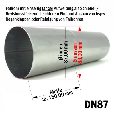 Titanzink Fallrohr mit Langmuffe DN87 rund Länge 0,25 Meter
